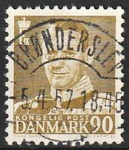 FRIMÆRKER DANMARK | 1952-53 - AFA 342 - Fr. IX 90 øre oliven - Lux Stemplet Brønderslev